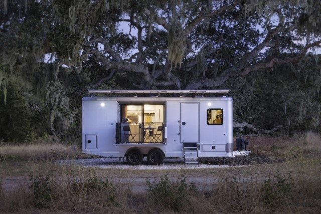 living vehicle trailer at dusk